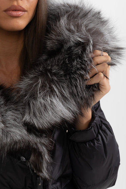 Long Puffer Jacket | Women's Quilted Puffer Coat | Grey Fur-Lined Hood, Black Insulated Winter Outerwear | Steven & Levon