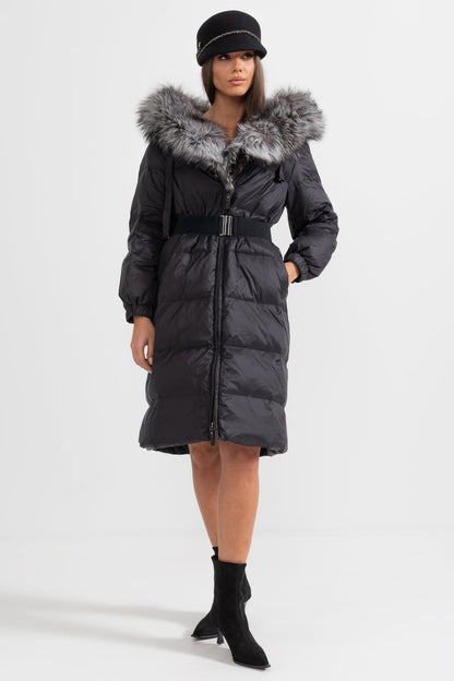 Long Puffer Jacket | Women's Quilted Puffer Coat | Grey Fur-Lined Hood, Black Insulated Winter Outerwear | Steven & Levon