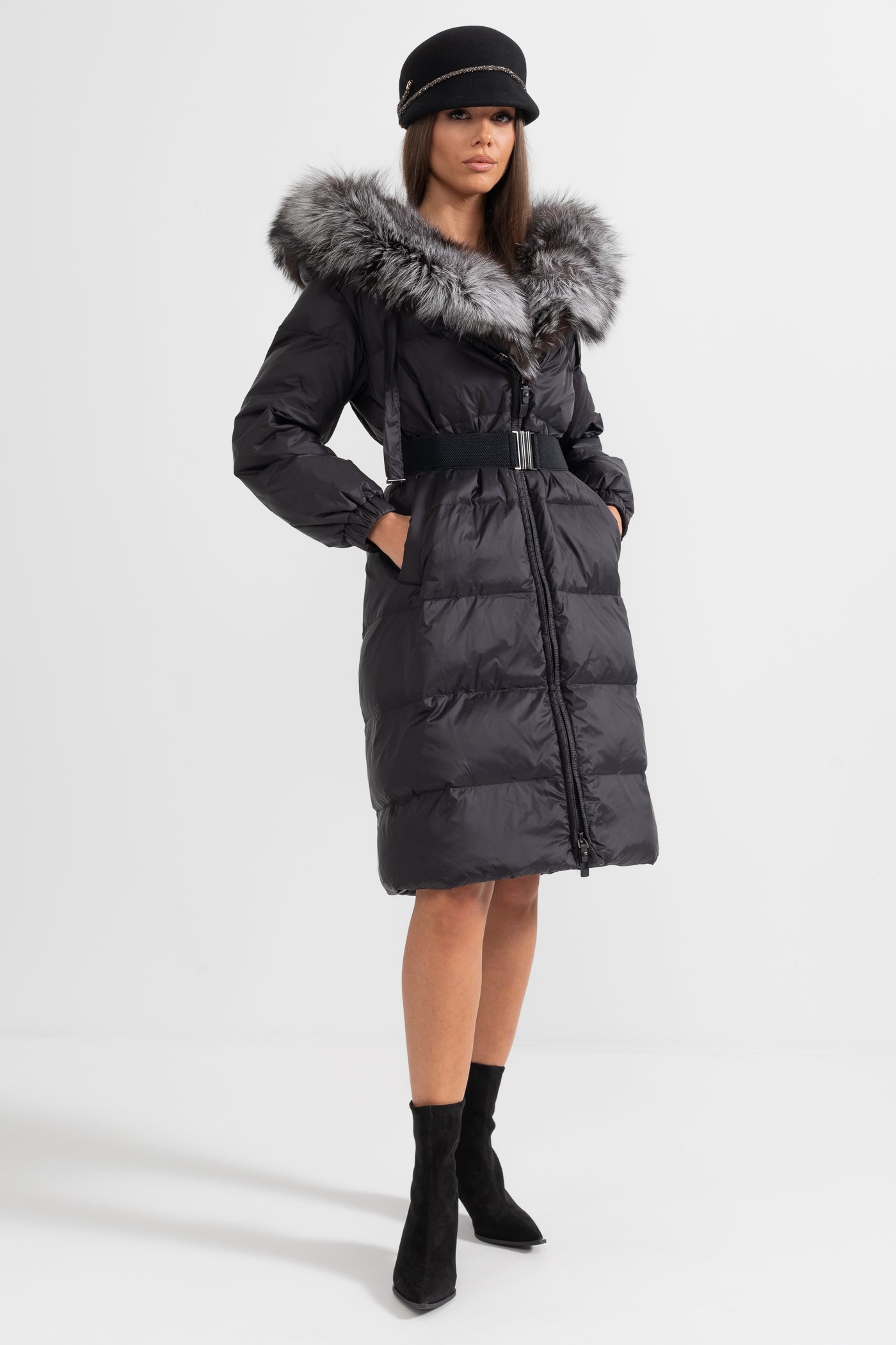Long Puffer Jacket | Women's Quilted Puffer Coat | Grey Fur-Lined Hood, Black Insulated Winter Outerwear | Steven & Levon