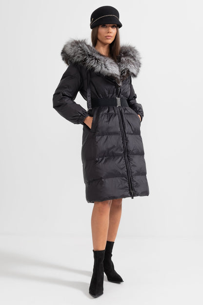 Long Puffer Jacket | Women's Quilted Puffer Coat | Grey Fur-Lined Hood, Black Insulated Winter Outerwear | Steven & Levon