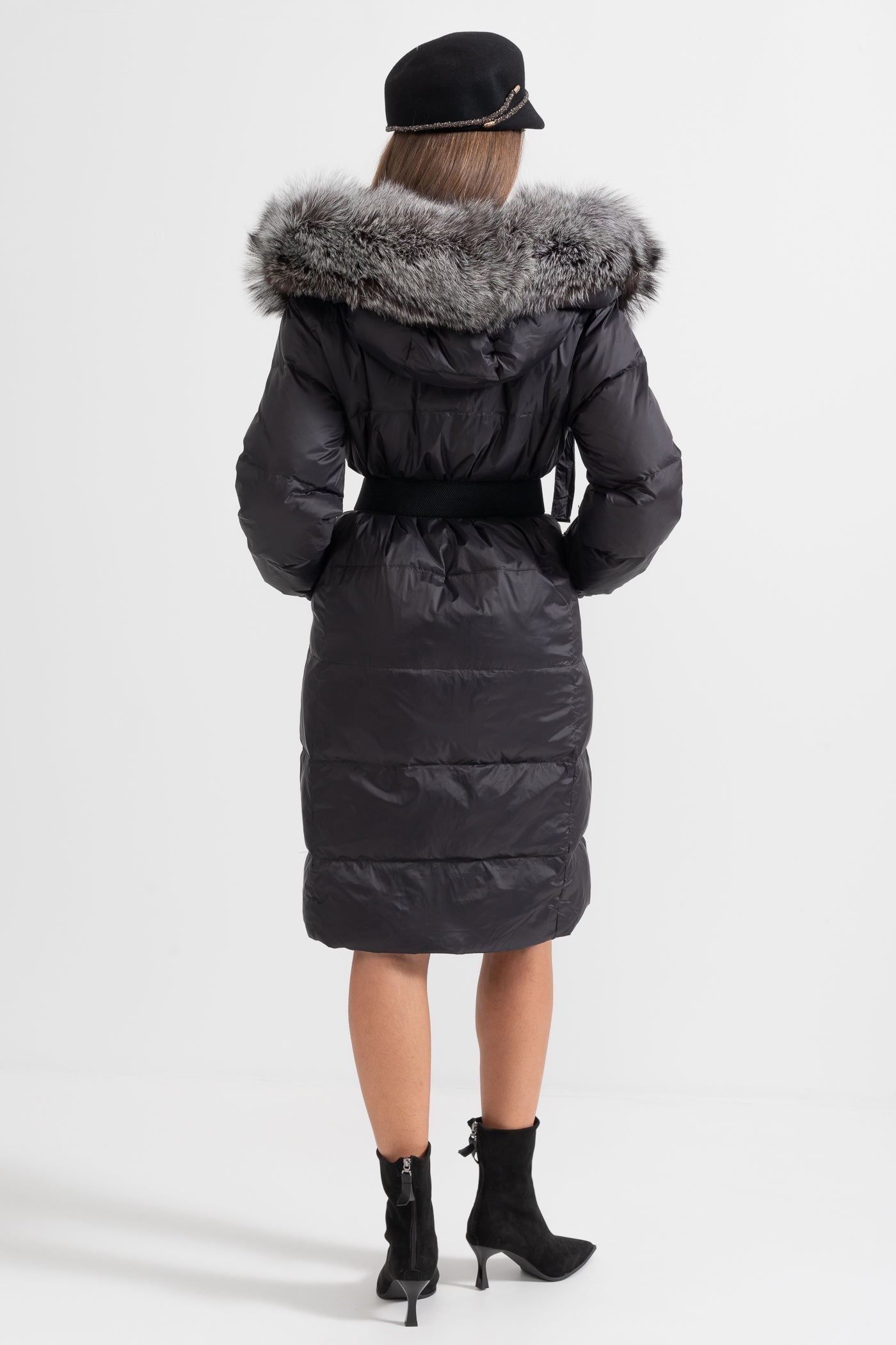 Long Puffer Jacket | Women's Quilted Puffer Coat | Grey Fur-Lined Hood, Black Insulated Winter Outerwear | Steven & Levon