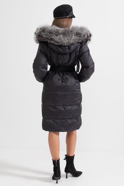 Long Puffer Jacket | Women's Quilted Puffer Coat | Grey Fur-Lined Hood, Black Insulated Winter Outerwear | Steven & Levon