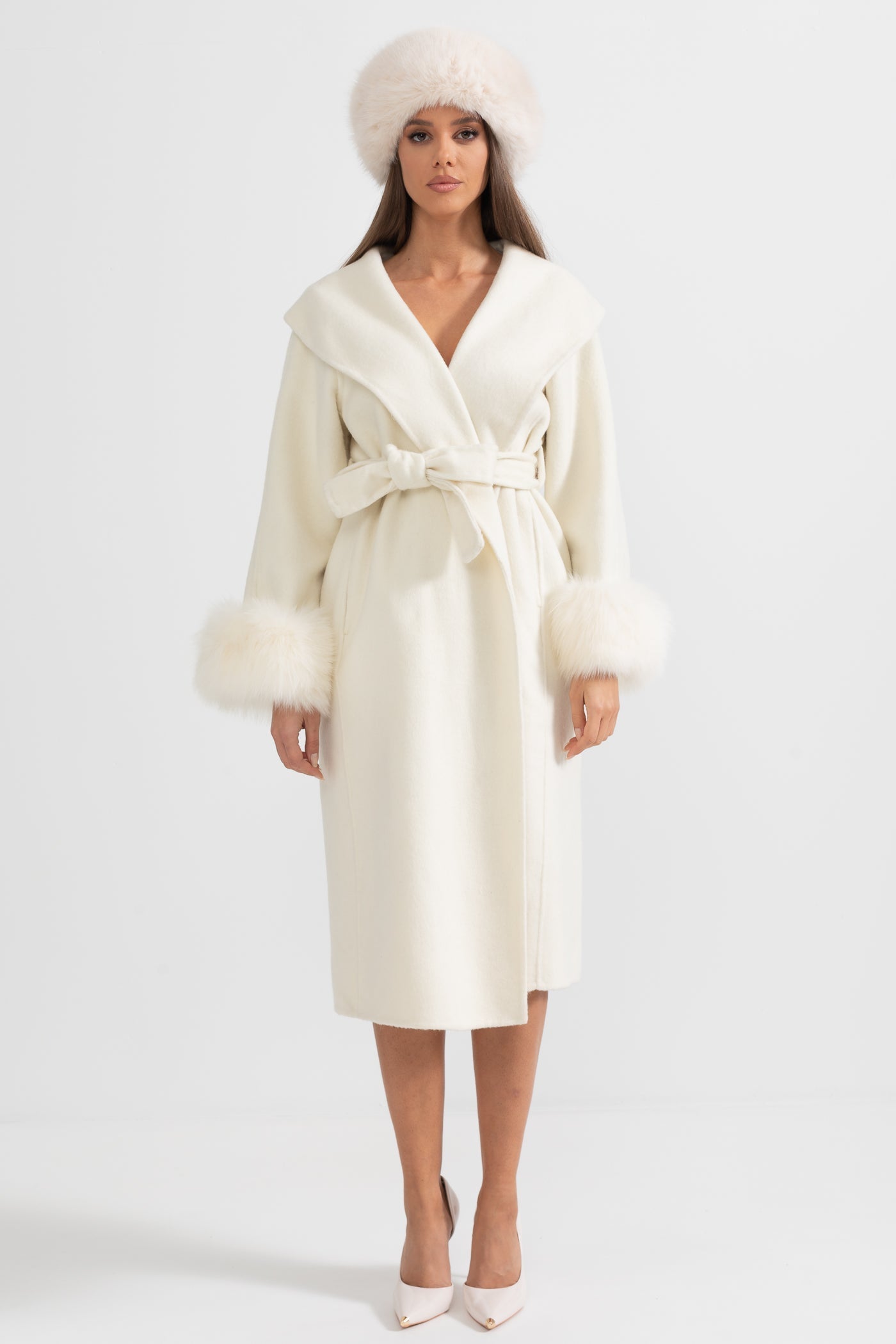 Women's Wool & Cashmere Long Coat | Fox Fur Cuffs | Belted Waist, Oversized Lapel Ivoire Coat | Steven & Levon