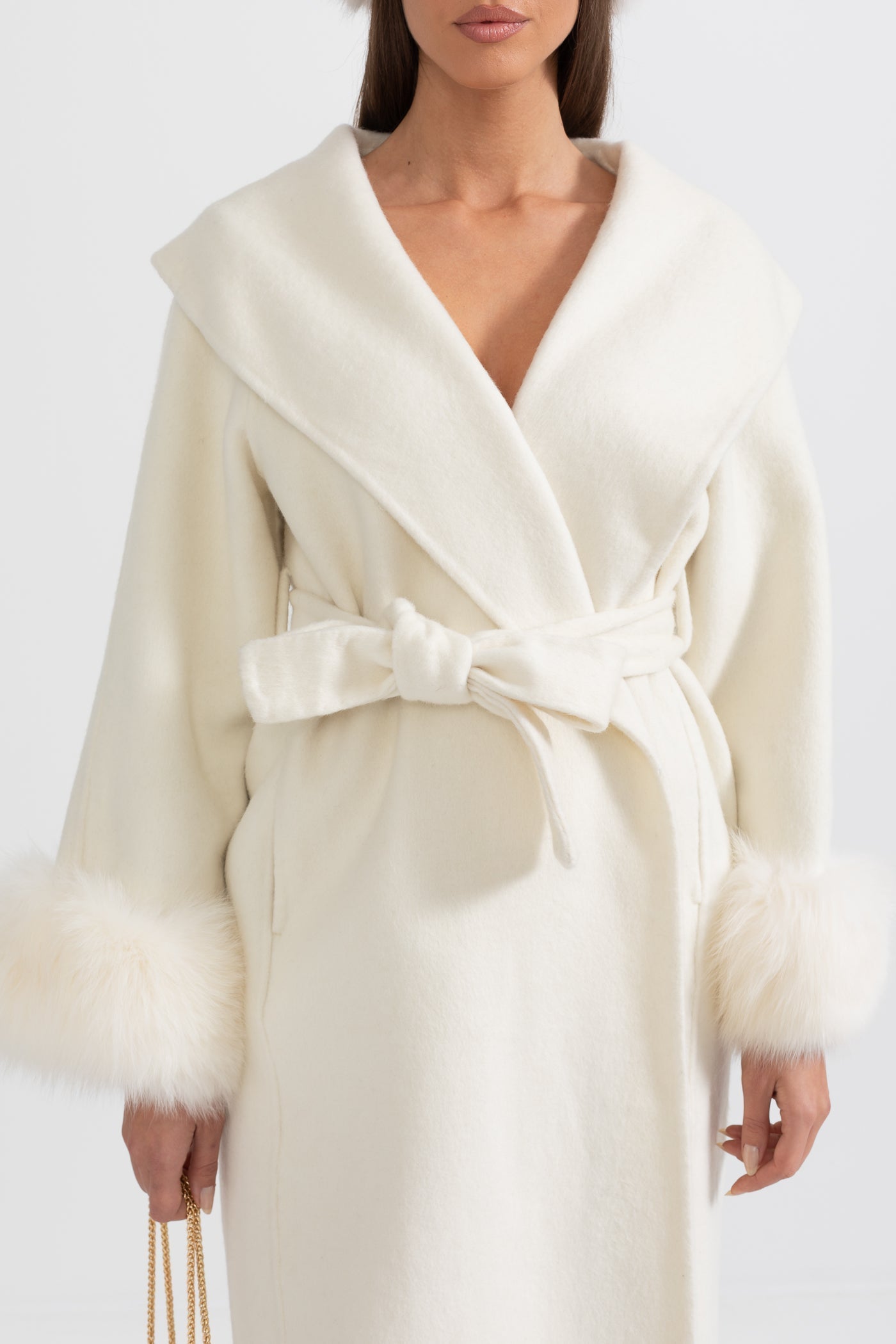 Women's Wool & Cashmere Long Coat | Fox Fur Cuffs | Belted Waist, Oversized Lapel Ivoire Coat | Steven & Levon