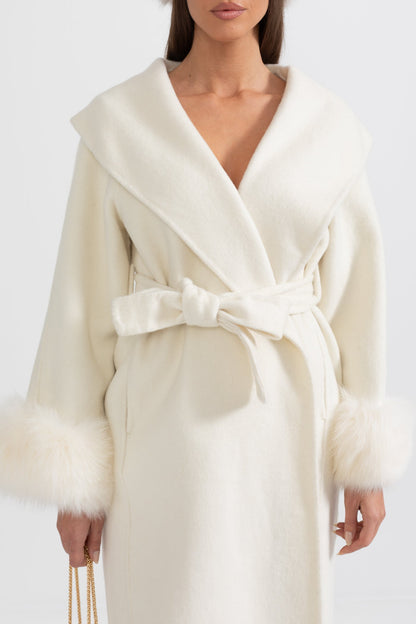 Women's Wool & Cashmere Long Coat | Fox Fur Cuffs | Belted Waist, Oversized Lapel Ivoire Coat | Steven & Levon