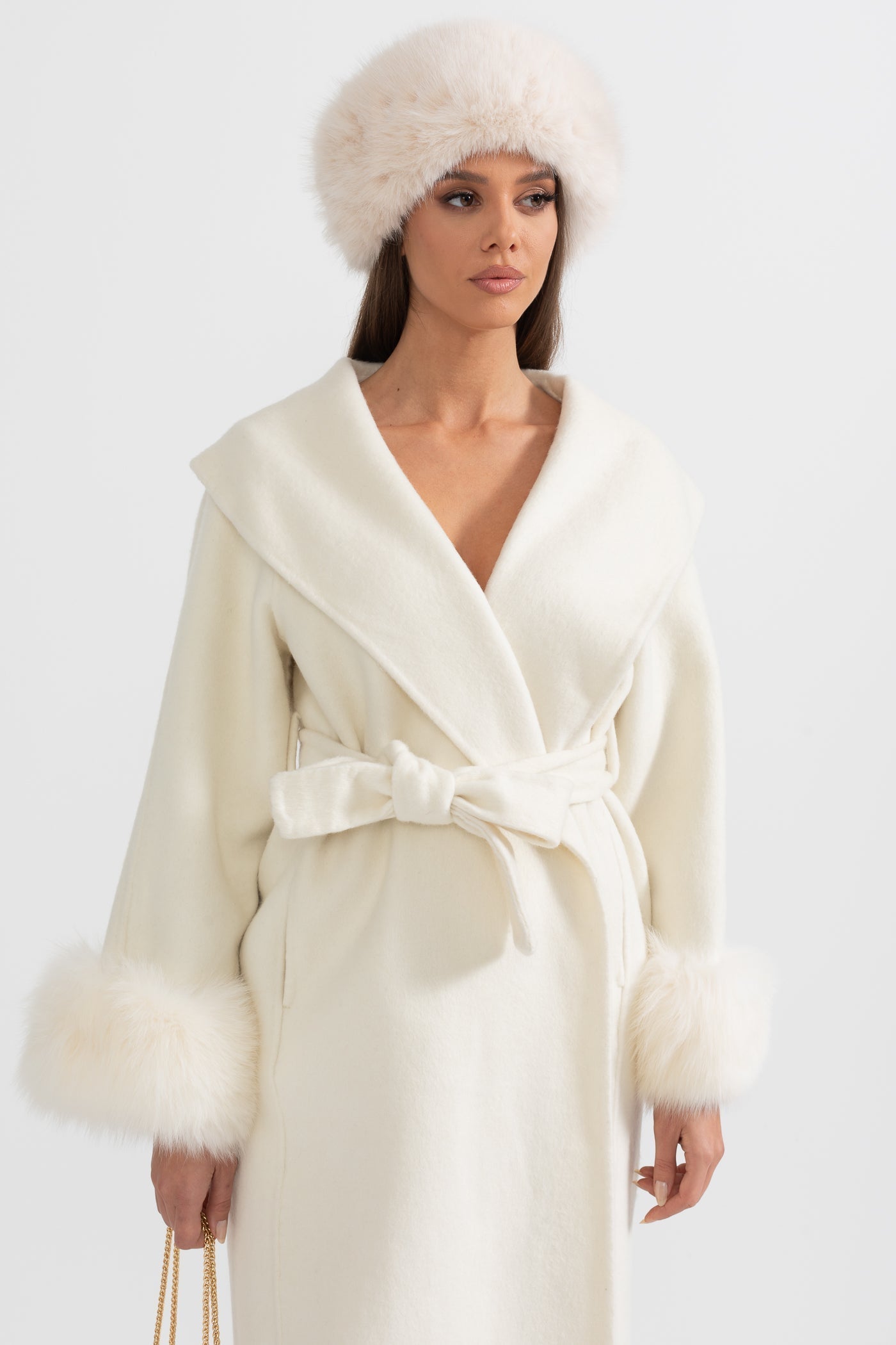 Women's Wool & Cashmere Long Coat | Fox Fur Cuffs | Belted Waist, Oversized Lapel Ivoire Coat | Steven & Levon