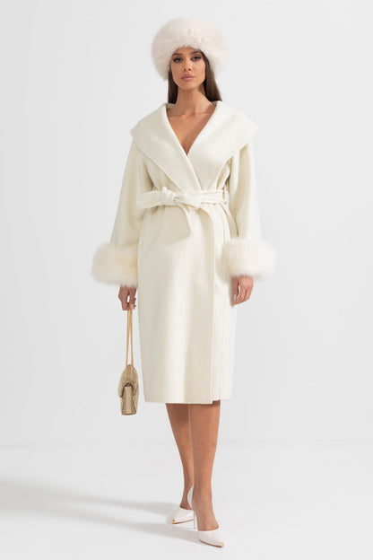Women's Wool & Cashmere Long Coat | Fox Fur Cuffs | Belted Waist, Oversized Lapel Ivoire Coat | Steven & Levon
