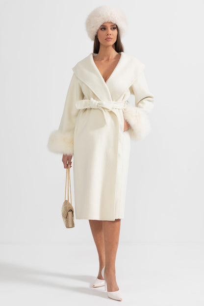 Women's Wool & Cashmere Long Coat | Fox Fur Cuffs | Belted Waist, Oversized Lapel Ivoire Coat | Steven & Levon