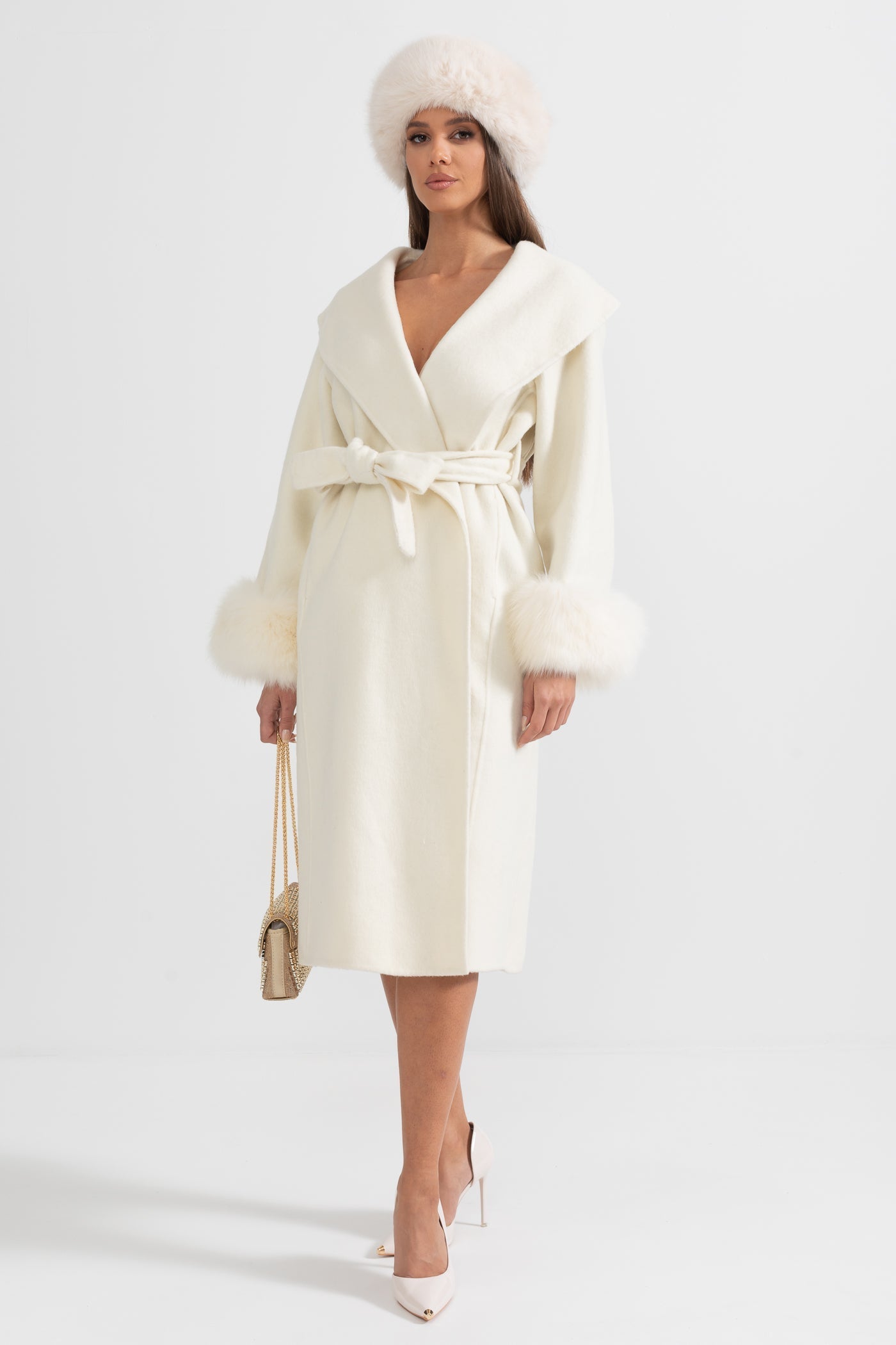 Women's Wool & Cashmere Long Coat | Fox Fur Cuffs | Belted Waist, Oversized Lapel Ivoire Coat | Steven & Levon