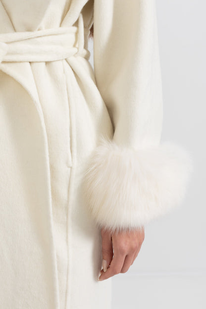 Women's Wool & Cashmere Long Coat | Fox Fur Cuffs | Belted Waist, Oversized Lapel Ivoire Coat | Steven & Levon