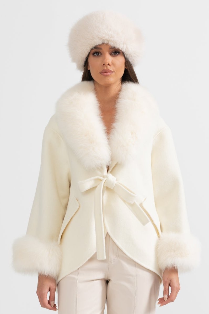 Cashmere Coat | Women's Premium Cashmere Coat | Oversized White Fox Fur Collar, Fox Fur Cuffs, Belted Wrap Winter Coat | Steven & Levon