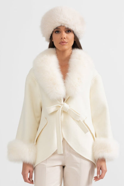 Cashmere Coat | Women's Premium Cashmere Coat | Oversized White Fox Fur Collar, Fox Fur Cuffs, Belted Wrap Winter Coat | Steven & Levon