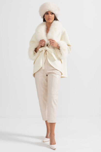 Cashmere Coat | Women's Premium Cashmere Coat | Oversized White Fox Fur Collar, Fox Fur Cuffs, Belted Wrap Winter Coat | Steven & Levon