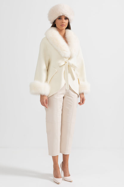 Cashmere Coat | Women's Premium Cashmere Coat | Oversized White Fox Fur Collar, Fox Fur Cuffs, Belted Wrap Winter Coat | Steven & Levon