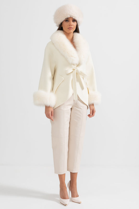 Cashmere Coat | Women's Premium Cashmere Coat | Oversized White Fox Fur Collar, Fox Fur Cuffs, Belted Wrap Winter Coat | Steven & Levon