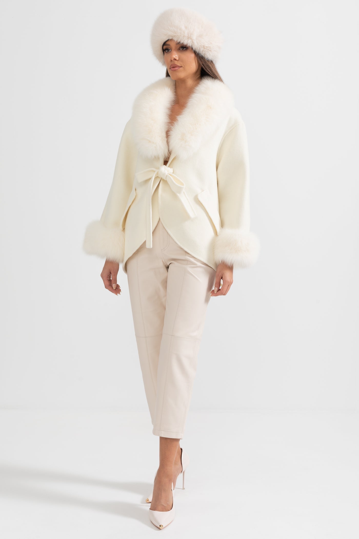 Cashmere Coat | Women's Premium Cashmere Coat | Oversized White Fox Fur Collar, Fox Fur Cuffs, Belted Wrap Winter Coat | Steven & Levon