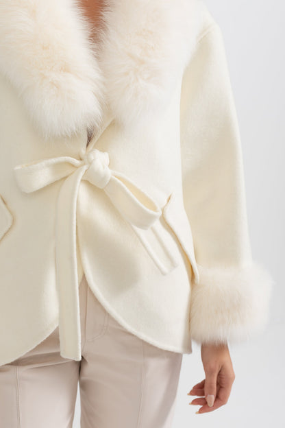 Cashmere Coat | Women's Premium Cashmere Coat | Oversized White Fox Fur Collar, Fox Fur Cuffs, Belted Wrap Winter Coat | Steven & Levon