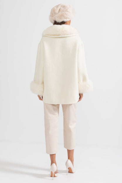 Cashmere Coat | Women's Premium Cashmere Coat | Oversized White Fox Fur Collar, Fox Fur Cuffs, Belted Wrap Winter Coat | Steven & Levon