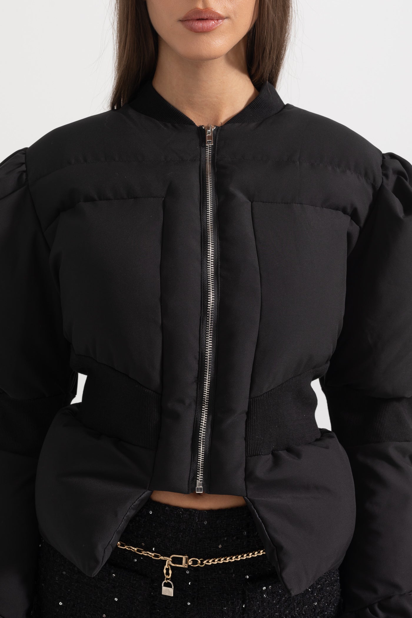 Women's Cropped Puffer Jacket | Fitted Waist | Black Quilted Winter Coat | Insulated | Steven & Levon