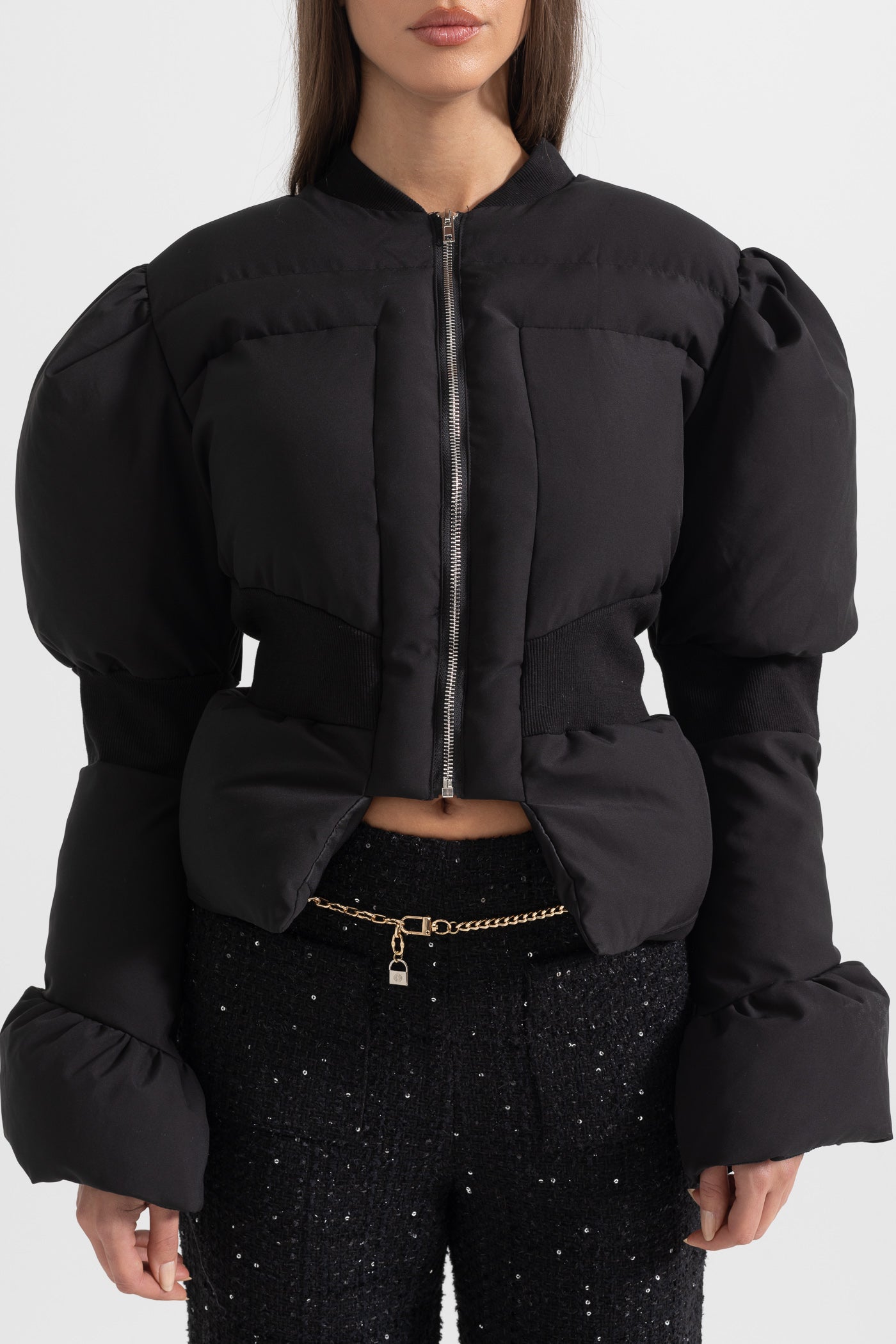 Women's Cropped Puffer Jacket | Fitted Waist | Black Quilted Winter Coat | Insulated | Steven & Levon