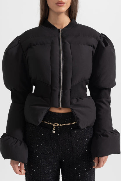 Women's Cropped Puffer Jacket | Fitted Waist | Black Quilted Winter Coat | Insulated | Steven & Levon