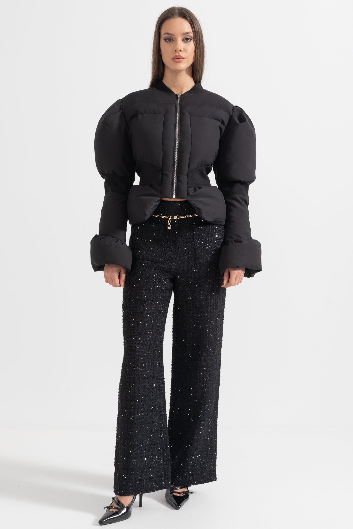 Women's Cropped Puffer Jacket | Fitted Waist | Black Quilted Winter Coat | Insulated | Steven & Levon
