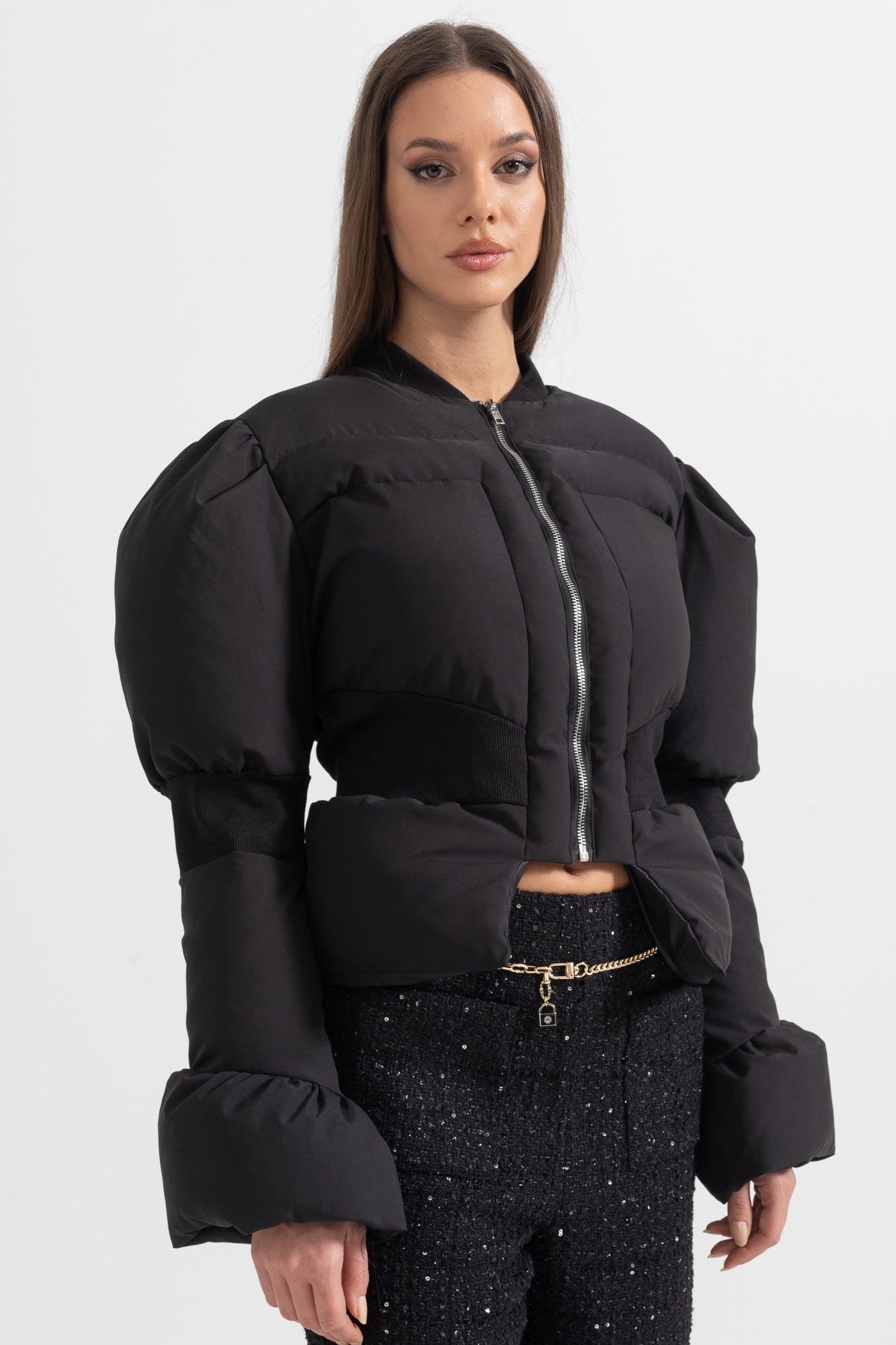 Women's Cropped Puffer Jacket | Fitted Waist | Black Quilted Winter Coat | Insulated | Steven & Levon