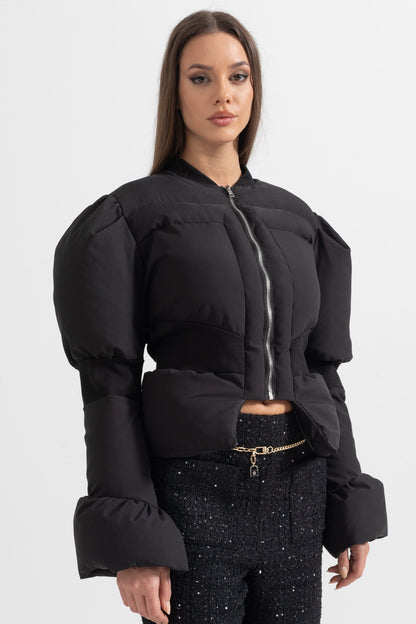 Women's Cropped Puffer Jacket | Fitted Waist | Black Quilted Winter Coat | Insulated | Steven & Levon