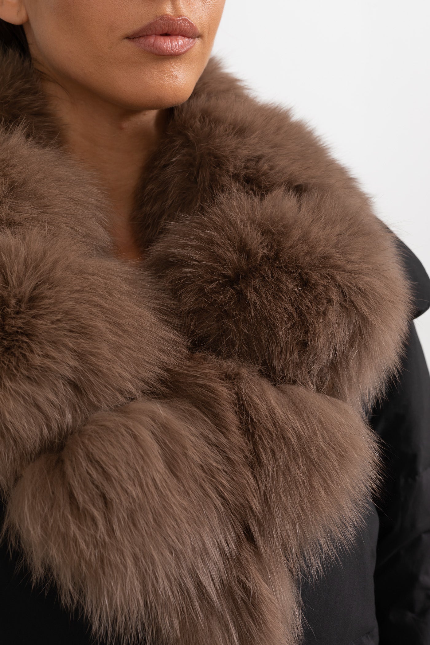 Puffer Jacket | Women's Quilted Winter Coat | Brown Fox Fur-Lined Hood, Black Insulated Outerwear | Steven & Levon