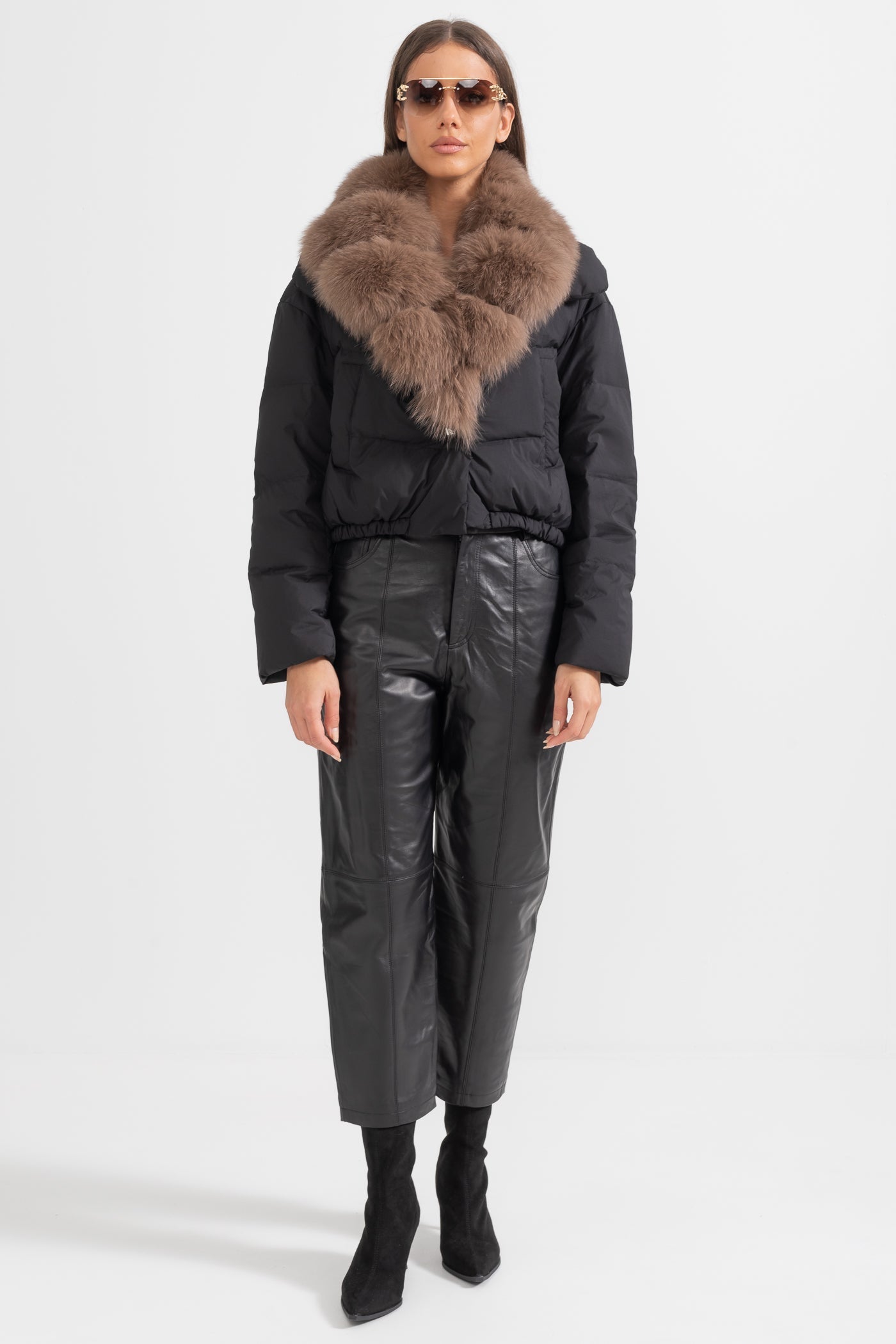 Puffer Jacket | Women's Quilted Winter Coat | Brown Fox Fur-Lined Hood, Black Insulated Outerwear | Steven & Levon