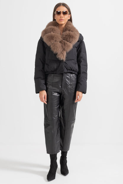 Puffer Jacket | Women's Quilted Winter Coat | Brown Fox Fur-Lined Hood, Black Insulated Outerwear | Steven & Levon