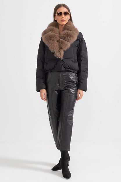 Puffer Jacket | Women's Quilted Winter Coat | Brown Fox Fur-Lined Hood, Black Insulated Outerwear | Steven & Levon