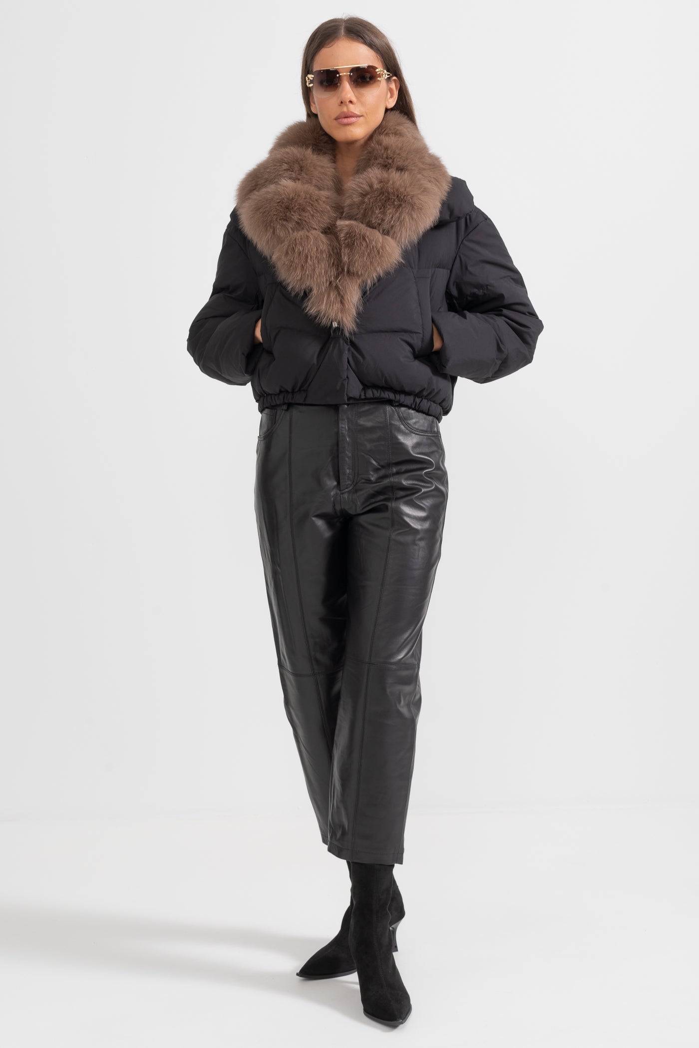 Puffer Jacket | Women's Quilted Winter Coat | Brown Fox Fur-Lined Hood, Black Insulated Outerwear | Steven & Levon