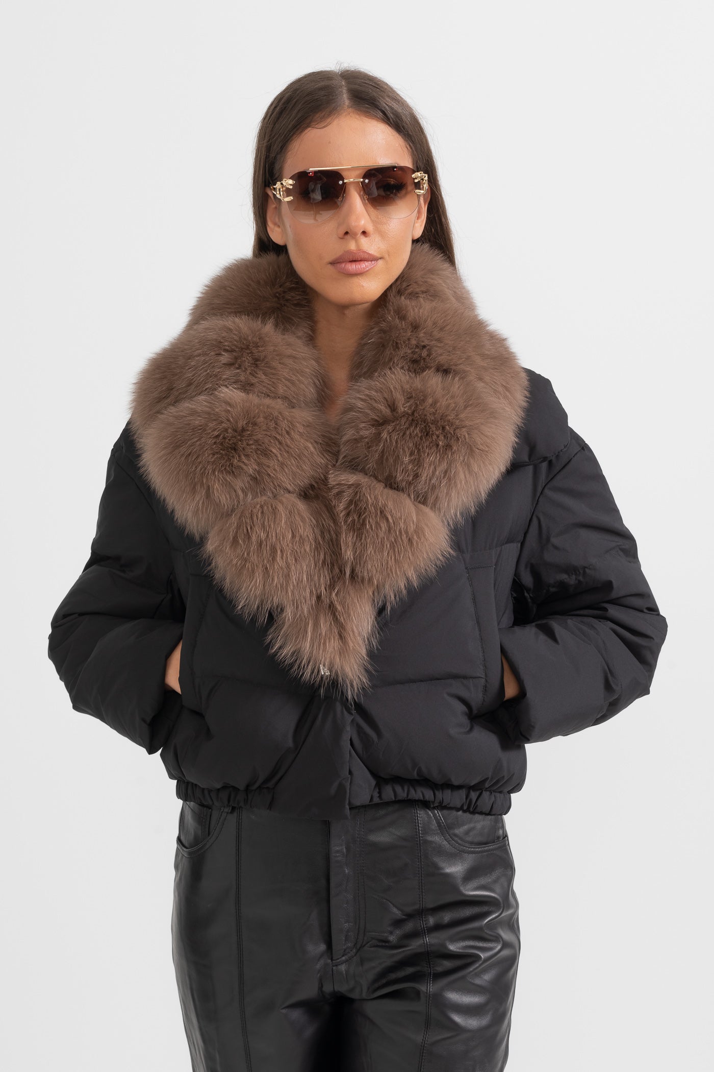 Puffer Jacket | Women's Quilted Winter Coat | Brown Fox Fur-Lined Hood, Black Insulated Outerwear | Steven & Levon