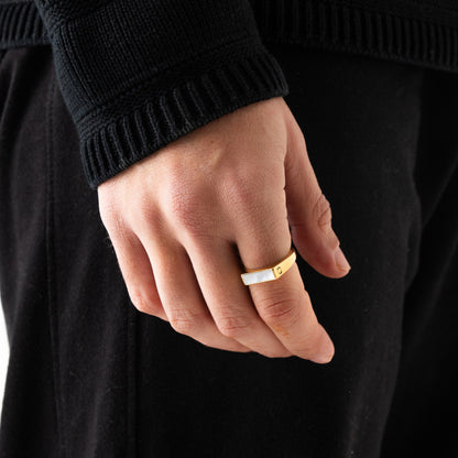 White Rectangle Signet Ring | Gold | Unisex | Stainless Steel | White Stone | Classic Style | Steven & Levon