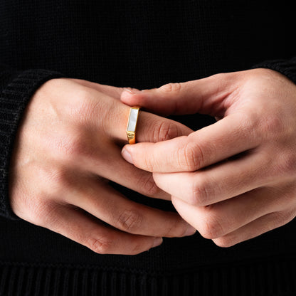 White Rectangle Signet Ring | Gold | Unisex | Stainless Steel | White Stone | Classic Style | Steven & Levon