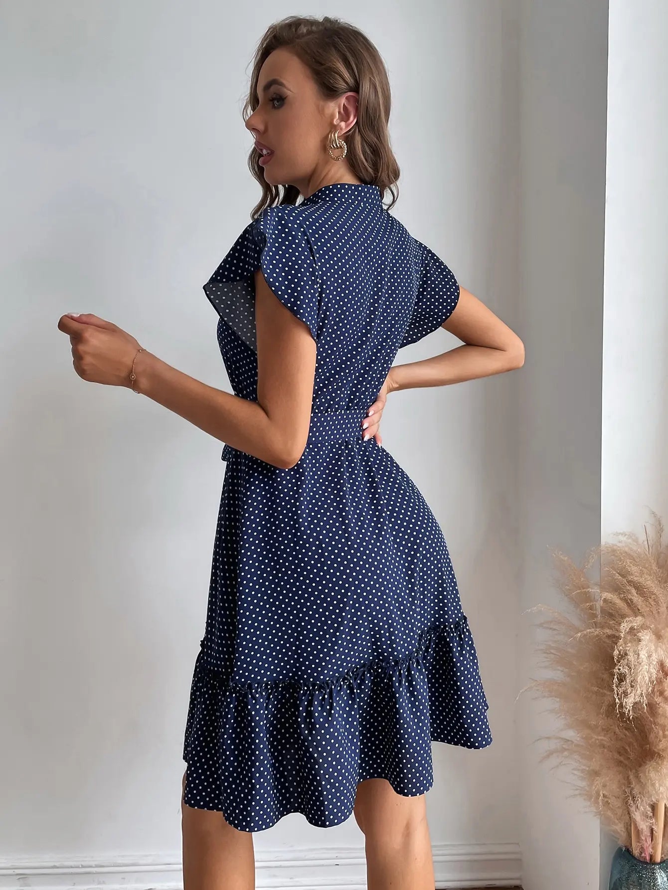 Midi Dress | Women's Polka Dot Button Front Tie Waist Dress | Steven & Levon