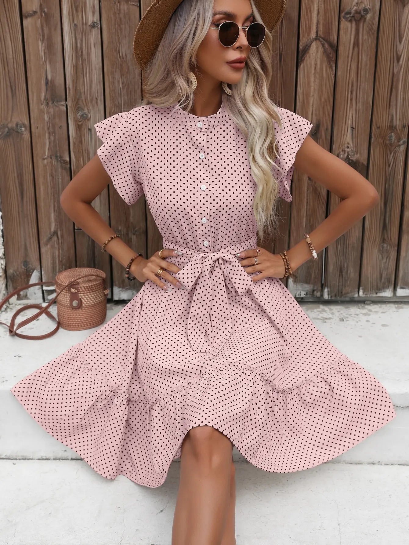 Midi Dress | Women's Polka Dot Button Front Tie Waist Dress | Steven & Levon