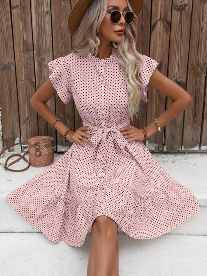 Midi Dress | Women's Polka Dot Button Front Tie Waist Dress | Steven & Levon