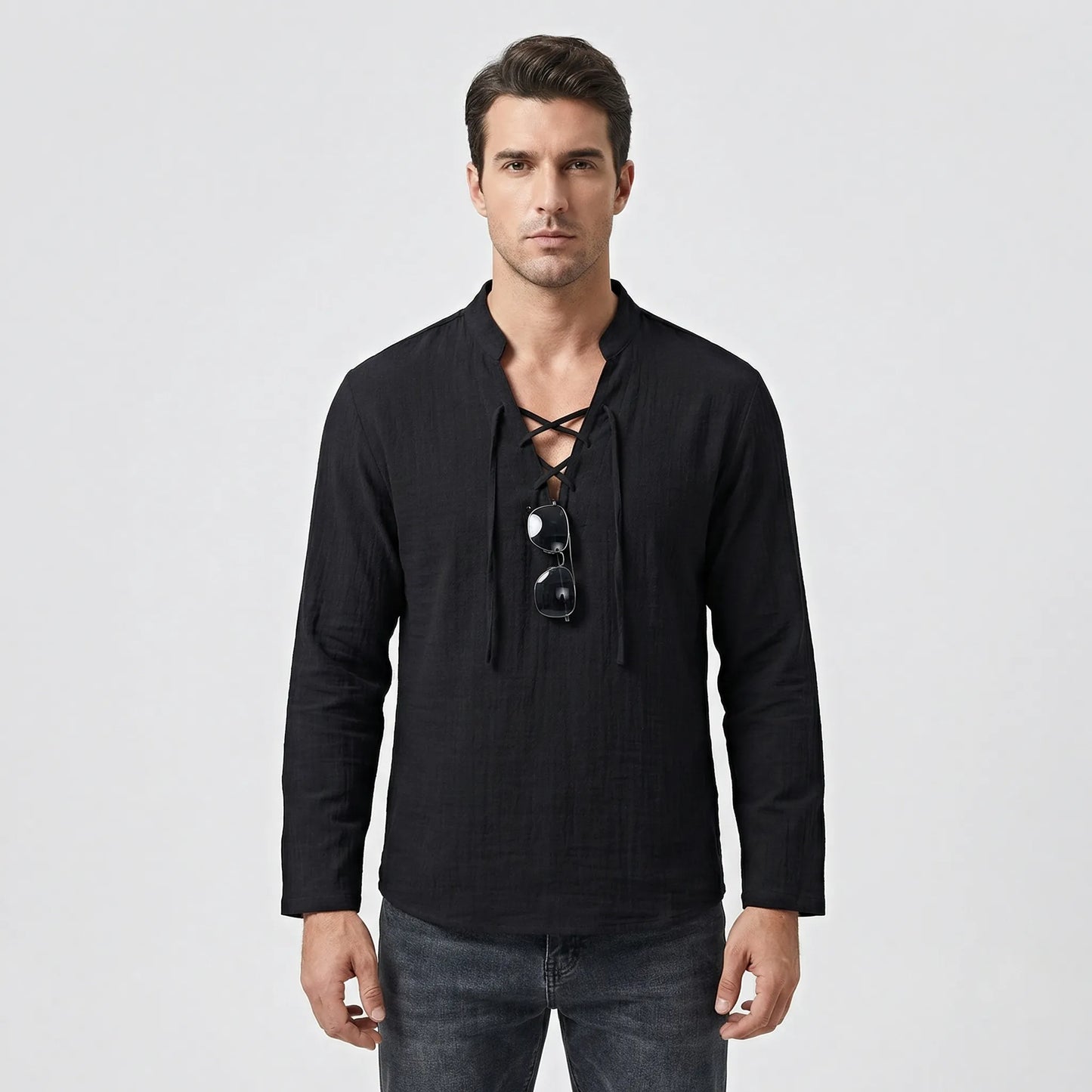 Driftlace - V-Neck Lace-Up Three-Quarter Sleeve Shirt  Casual Summer Outings