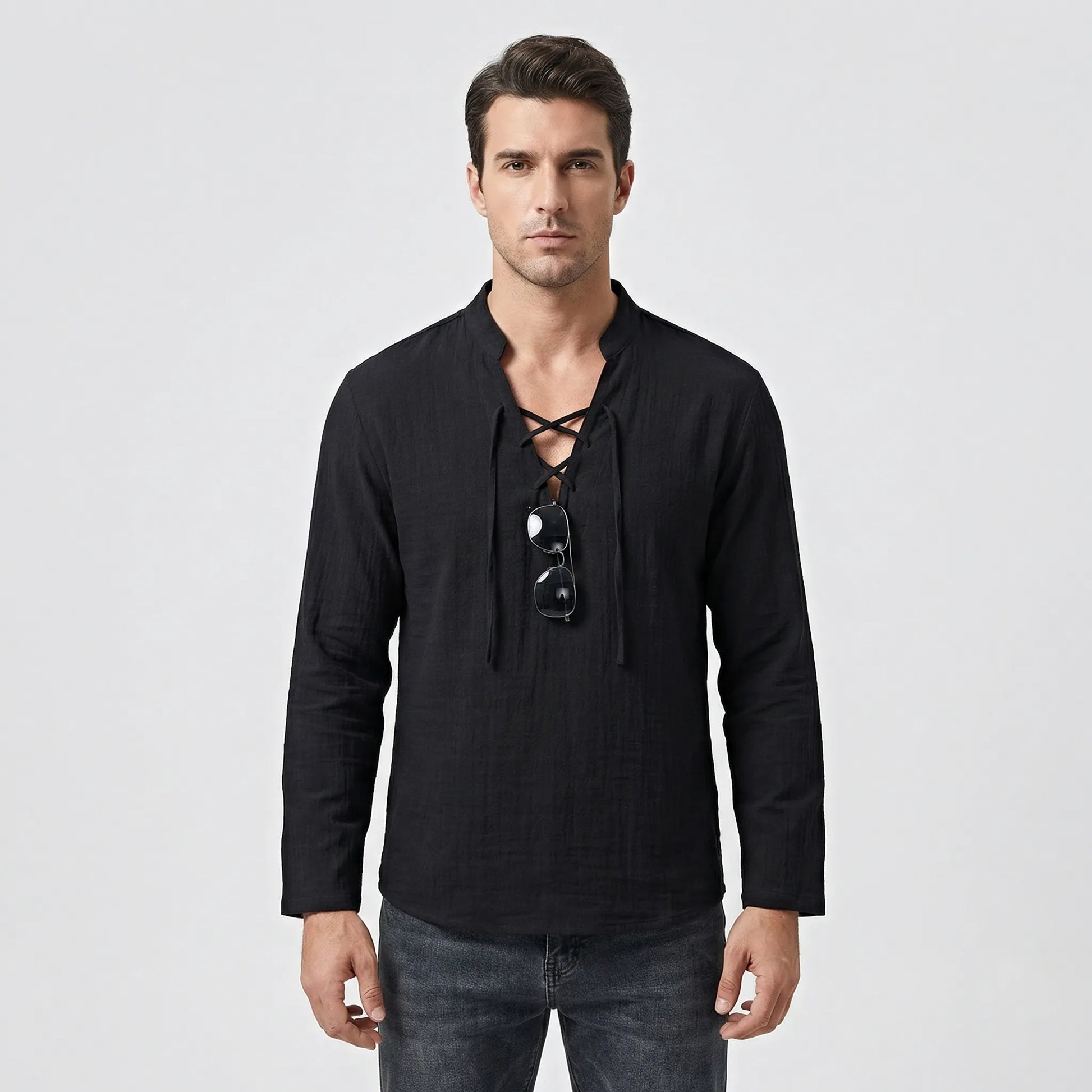 Driftlace - V-Neck Lace-Up Three-Quarter Sleeve Shirt  Casual Summer Outings