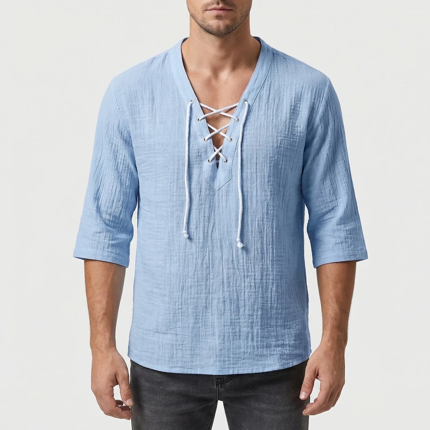 Driftlace - V-Neck Lace-Up Three-Quarter Sleeve Shirt  Casual Summer Outings