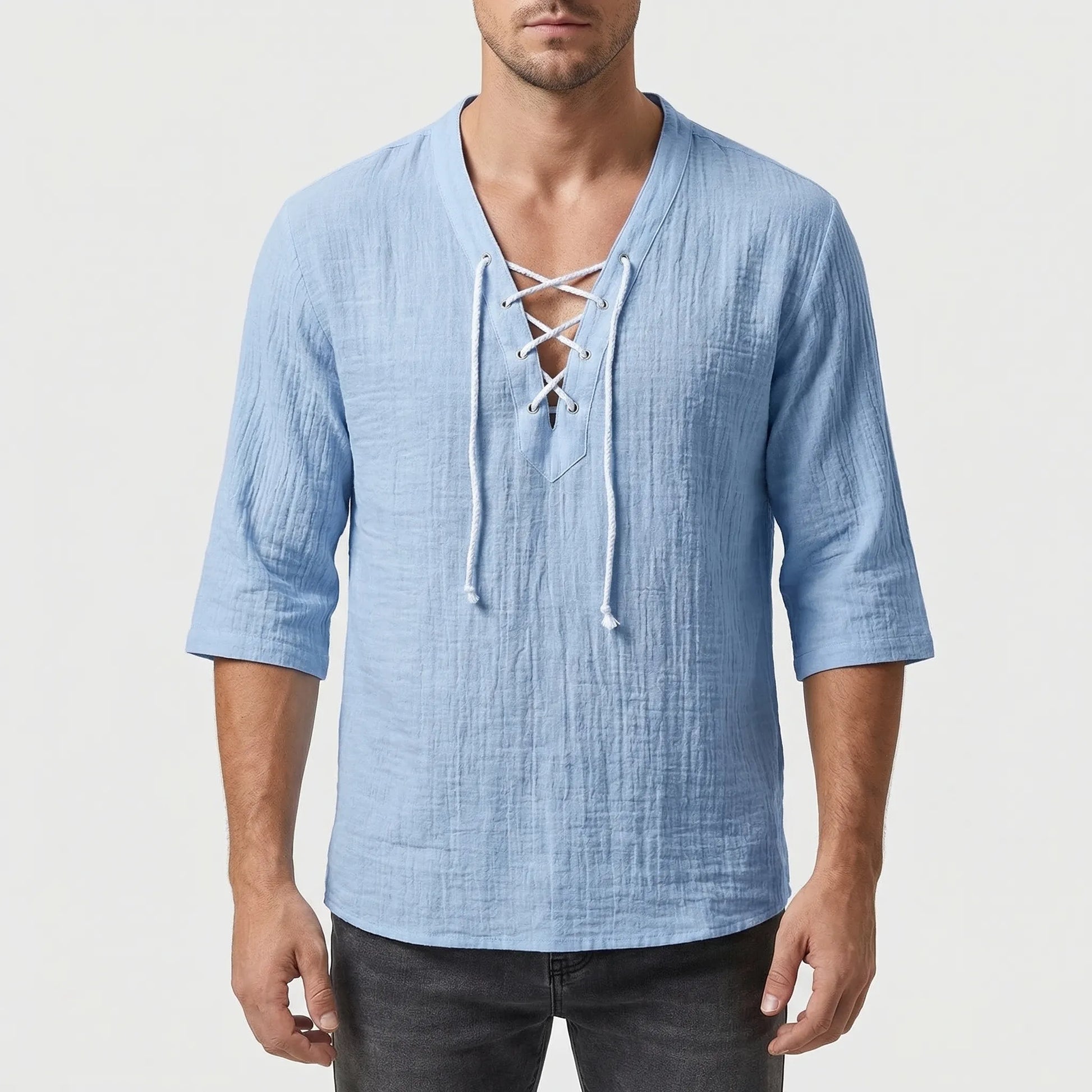 Driftlace - V-Neck Lace-Up Three-Quarter Sleeve Shirt  Casual Summer Outings