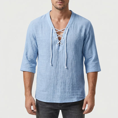 Driftlace - V-Neck Lace-Up Three-Quarter Sleeve Shirt  Casual Summer Outings