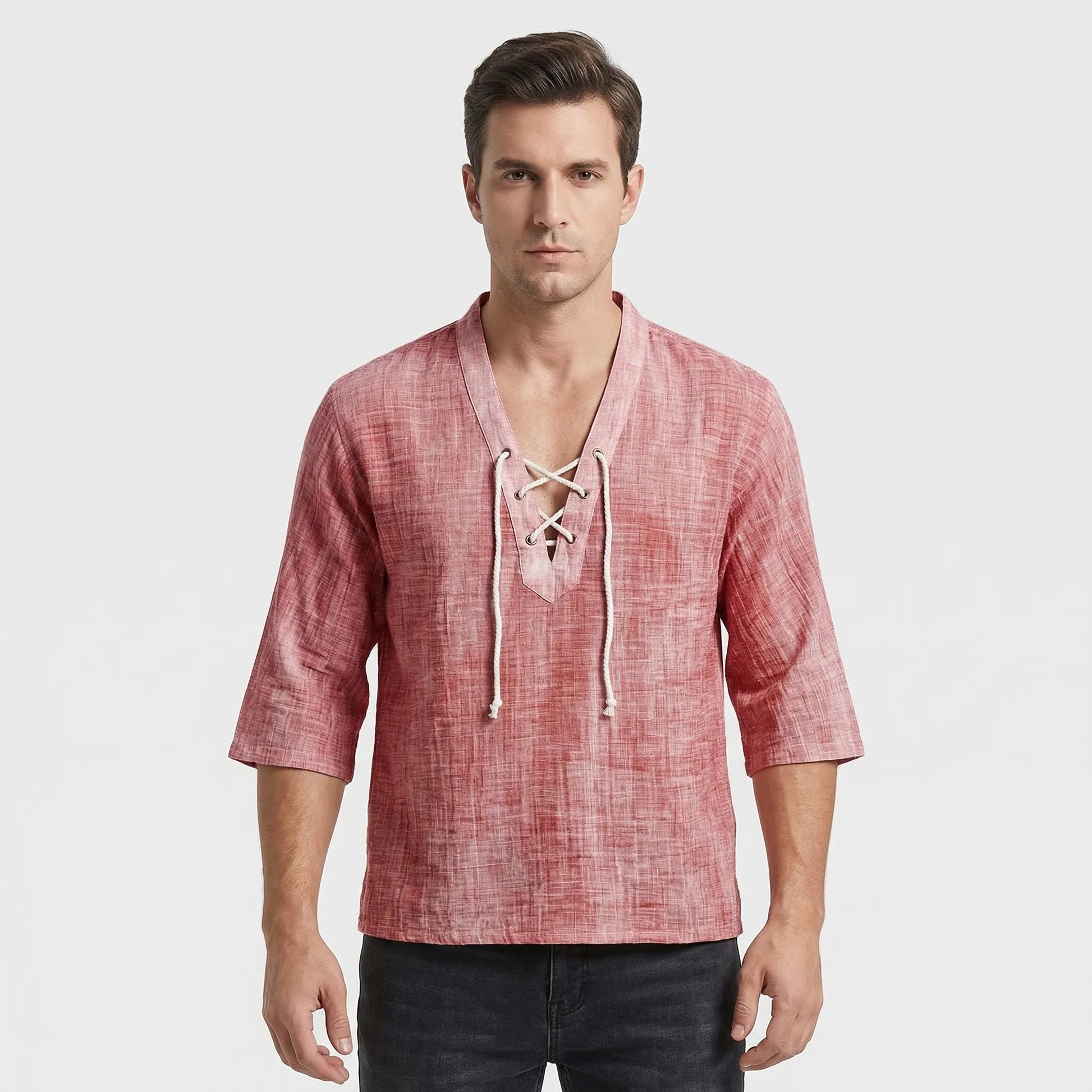 Driftlace - V-Neck Lace-Up Three-Quarter Sleeve Shirt  Casual Summer Outings