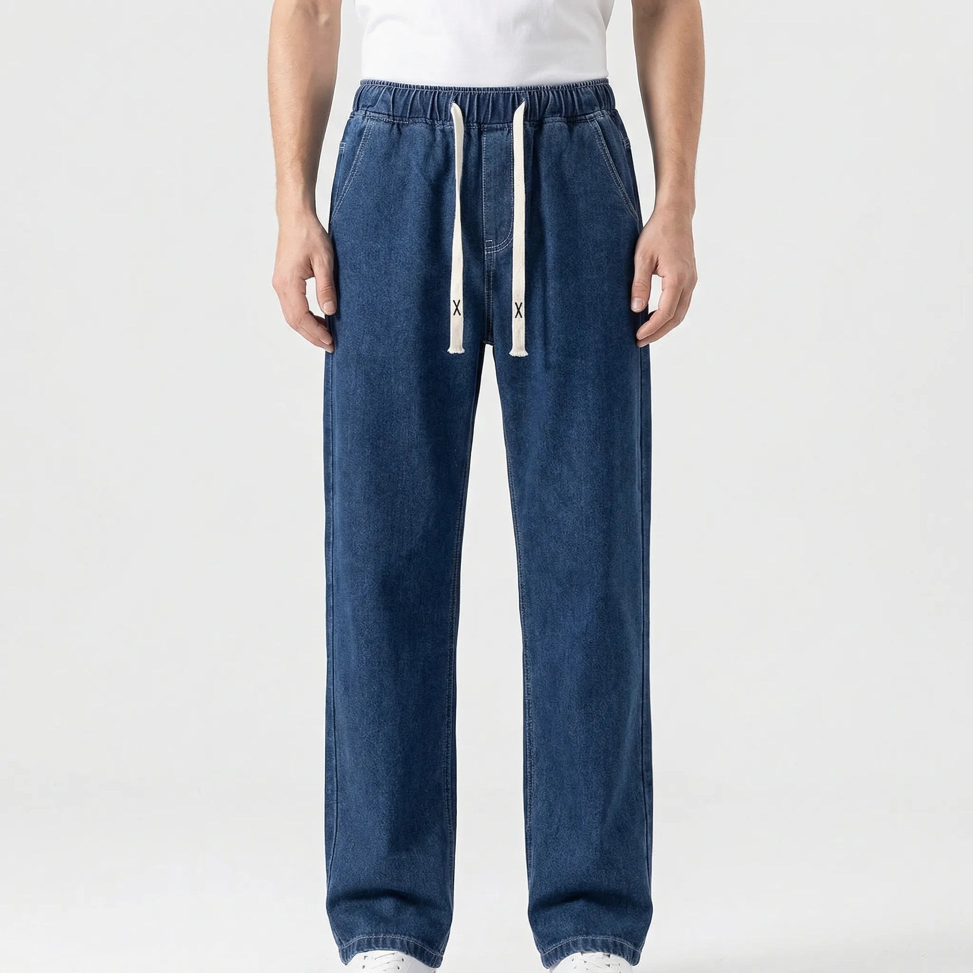Driftway - Loose Straight Leg Drawstring Jeans  Everyday Casual Wear