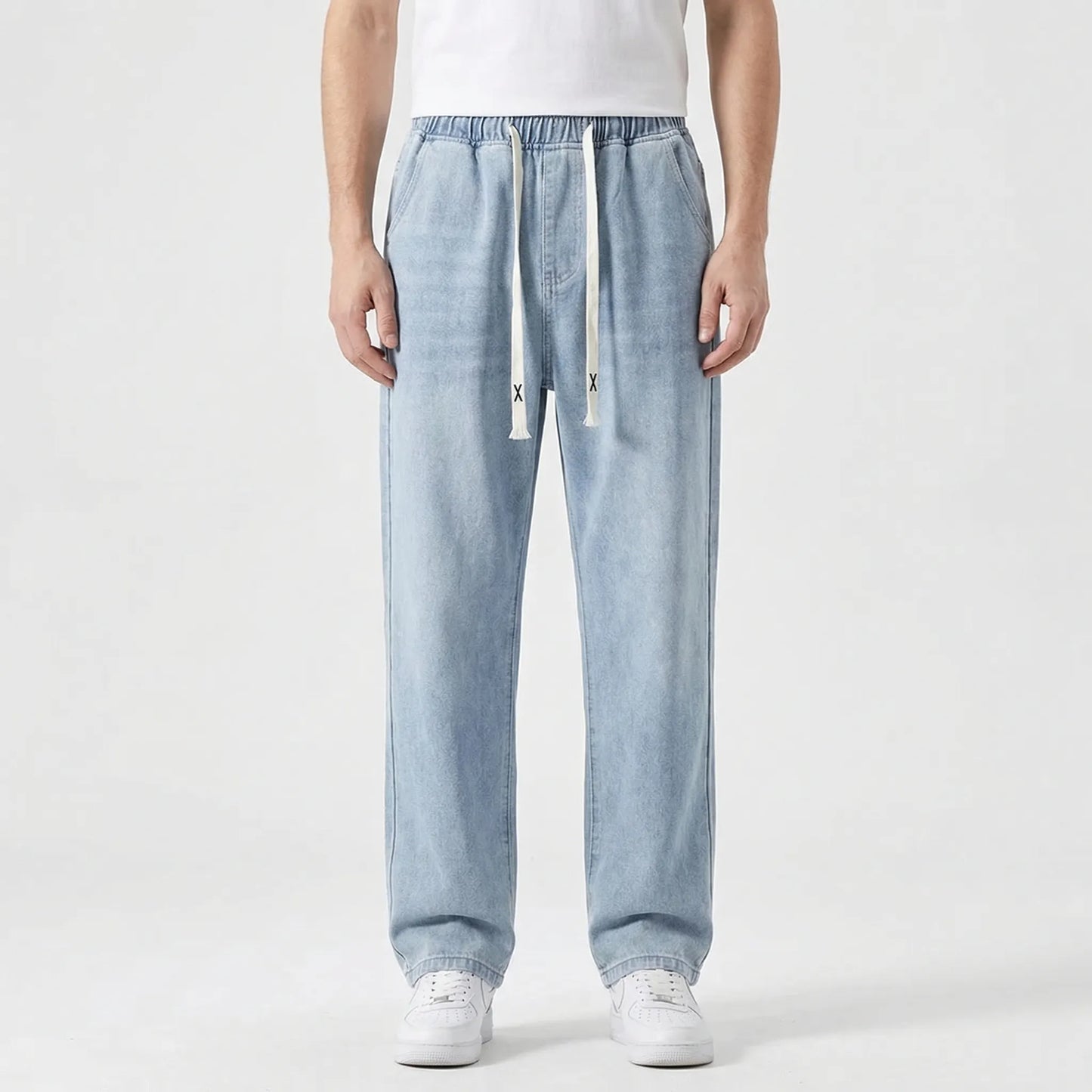 Driftway - Loose Straight Leg Drawstring Jeans  Everyday Casual Wear