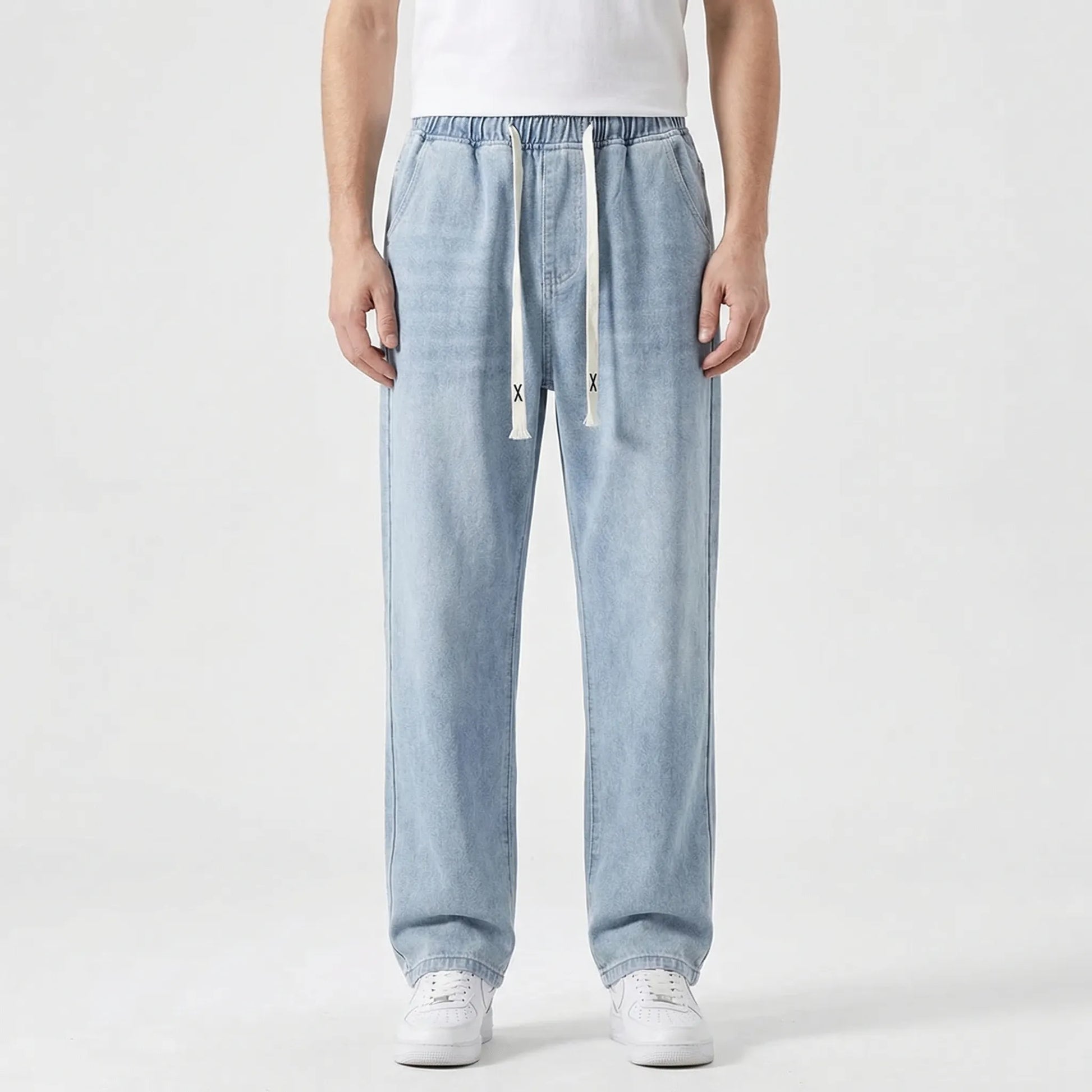 Driftway - Loose Straight Leg Drawstring Jeans  Everyday Casual Wear