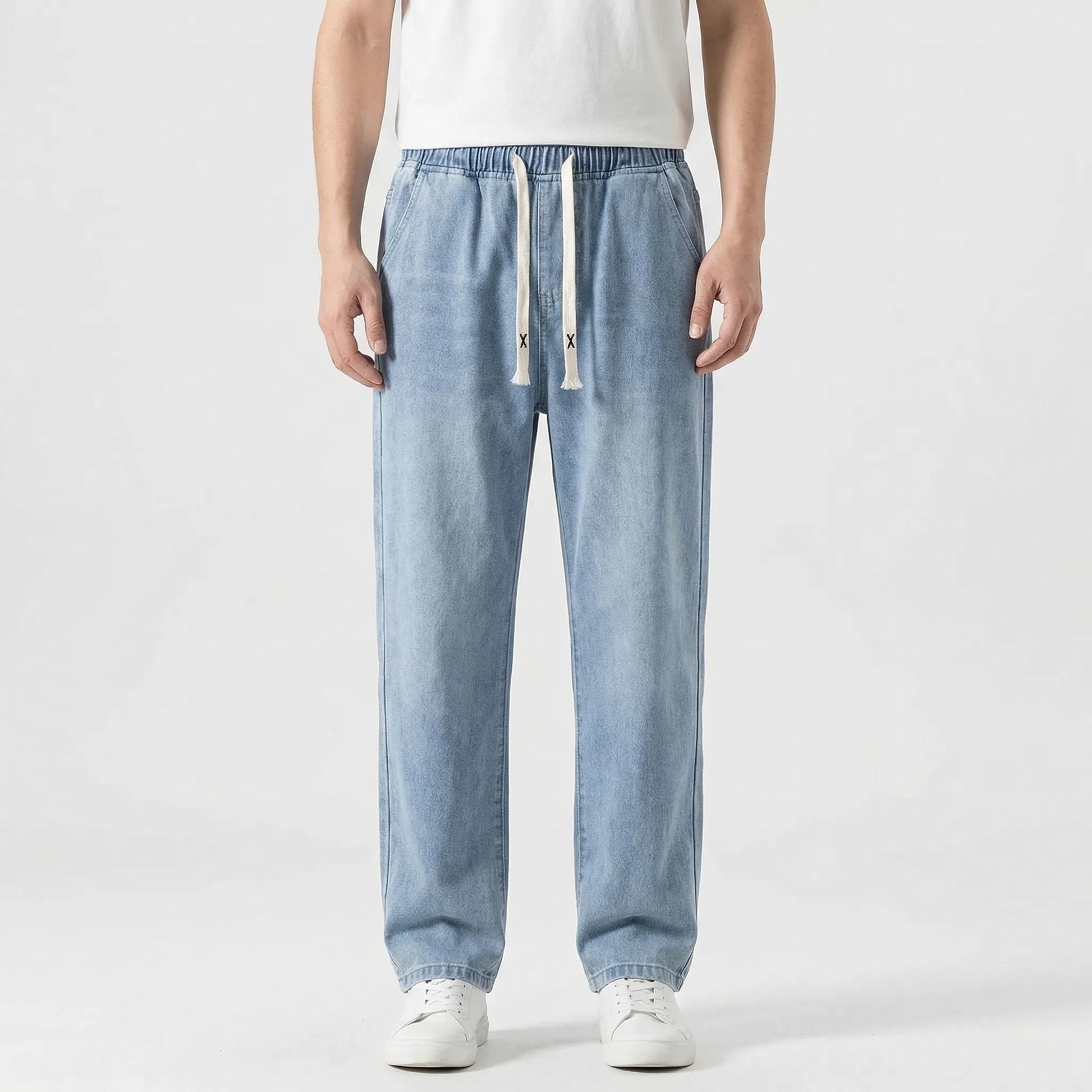 Driftway - Loose Straight Leg Drawstring Jeans  Everyday Casual Wear