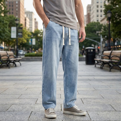 Driftway - Loose Straight Leg Drawstring Jeans  Everyday Casual Wear